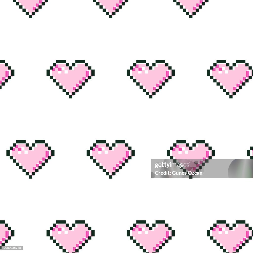 Risograph Style Pixel Hearts Pattern, 1990 - 1999 style, Riso Pixels, Heart Shape Seamless Background, Loopable Elements, Video Game UI, User Interface, Flat Design