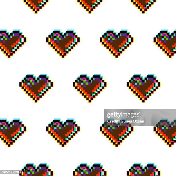 risograph style pixel hearts pattern, 1990 - 1999 style, riso pixels, heart shape seamless background, loopable elements, video game ui, user interface, flat design - 1990 1999 stock illustrations