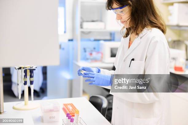 seitenansicht eines wissenschaftlers in weißer robe, der reagenzgläser in einer halterung untersucht, während er in einem labor forscht. - specimen holder stock-fotos und bilder