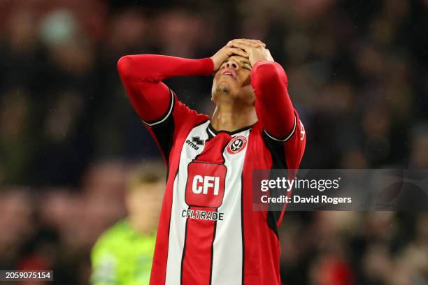 William Osula of Sheffield United reacts following defeat in the Premier League match between Sheffield United and Arsenal FC at Bramall Lane on...