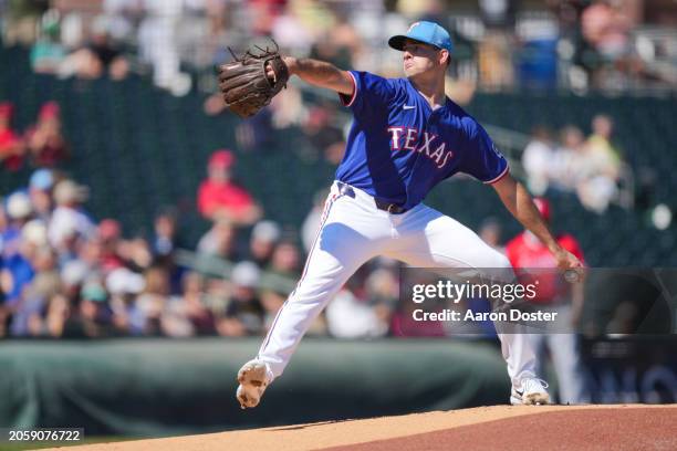 Cody Bradford of the Texas Rangers throws in the first inning during a spring training game against the Los Angeles Angels at Surprise Stadium on...