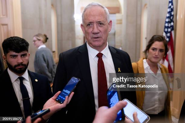 Benny Gantz, a member of Israel’s War Cabinet, talks to the media after a meeting with Senate Minority Leader Mitch McConnell at the U.S. Capitol on...