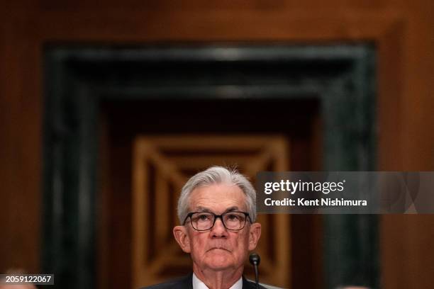 Federal Reserve Bank Chairman Jerome Powell prepares to testify before the Senate Banking, Housing and Urban Affairs Committee on Capitol Hillon...