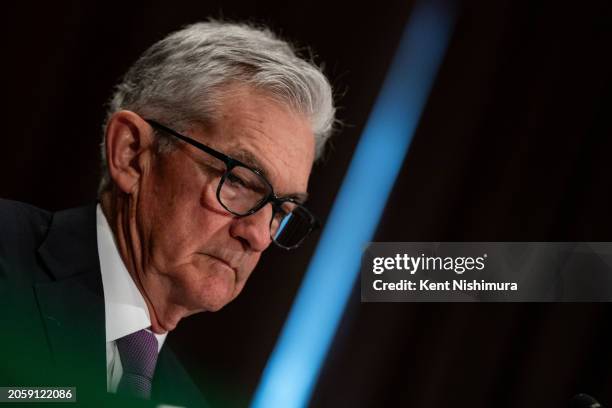 Federal Reserve Bank Chairman Jerome Powell prepares to testify before the Senate Banking, Housing and Urban Affairs Committee on Capitol Hillon...