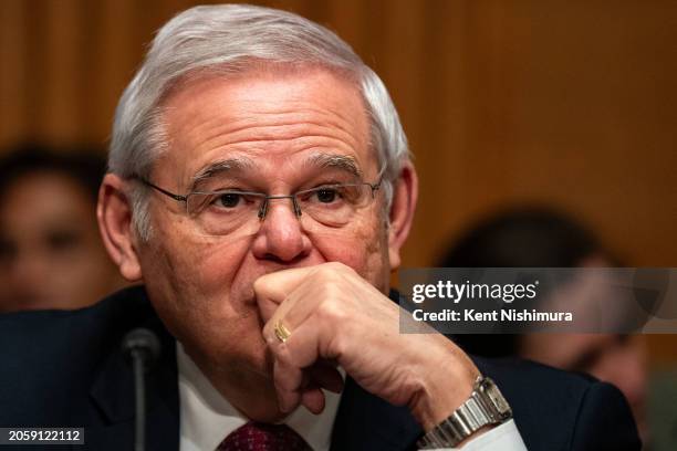 Sen. Bob Menendez looks on before the start of a Senate Banking, Housing and Urban Affairs Committee hearing where Federal Reserve Bank Chairman...