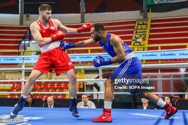 Yan Zak of Israel in action against Loren Berto Alfonso Dominguez of Azerbaigian during the 1st World Qualifying Tournament Boxing Road to Paris...