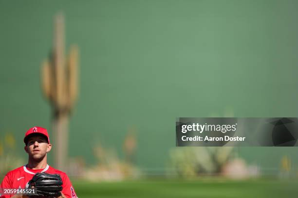 Tyler Anders the Los Angeles Angels prepares to throw in the second inning during a spring training game against the Texas Rangers at Surprise...