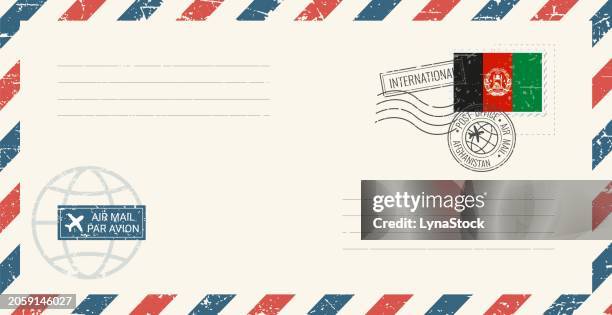 blank air mail grunge envelope with afghanistan postage stamp. vintage postcard vector illustration with afghan national flag isolated on white background. retro style. - afghanistan stock illustrations