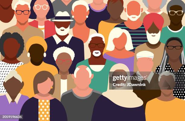 crowd of diverse seniors or baby boomers with both men and women vibrant colors background - baby boomer vector stock illustrations
