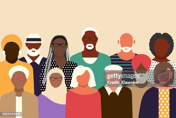 illustrations, cliparts, dessins animés et icônes de foule de personnes âgées ou de baby-boomers diversifiés avec des hommes et des femmes sur fond de couleurs vives - la diversité
