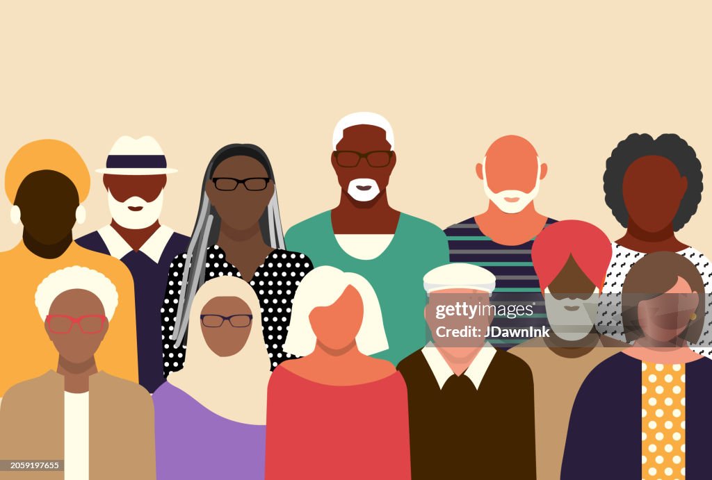 Crowd of diverse seniors or baby boomers with both men and women vibrant colors background