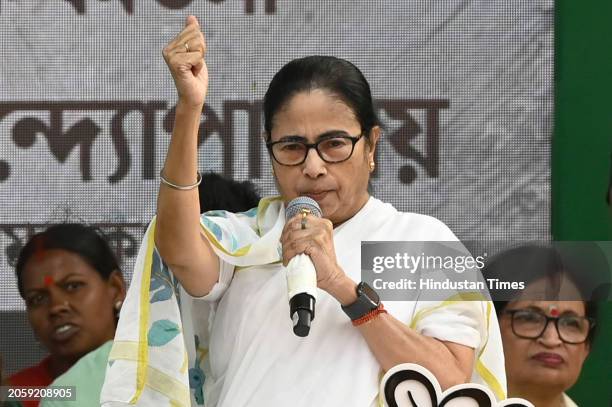 Chief Minister of West Bengal Mamata Banerjee addresses in a rally on the eve of International Women's Day on March 7, 2024 in Kolkata, India. West...
