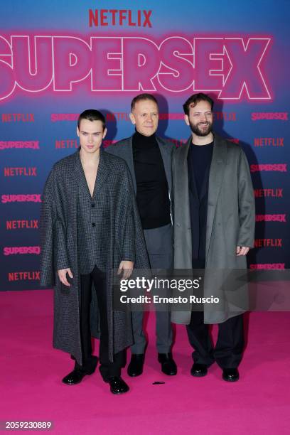 Saul Nanni, Rocco Siffredi and Alessandro Borghi attend the photocall for "Supersex" at Salone delle Fontane on March 04, 2024 in Rome, Italy.