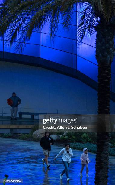 Long Beach, CA Light reflects off of wet pavement as a family run in the rain from the Aquarium of The Pacific to the parking garage in Long Beach...