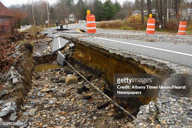 Part of Lake Desolation Road near Kilmer Rd is closed due to part of the road being washed out on Friday, Nov. 1, 2019 in Middle Grove, N.Y.
