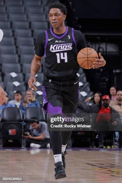 Stanley Johnson of the Stockton Kings dribbles the ball during the game against the Mexico City Capitanes on March 7, 2024 at Golden 1 Center in...