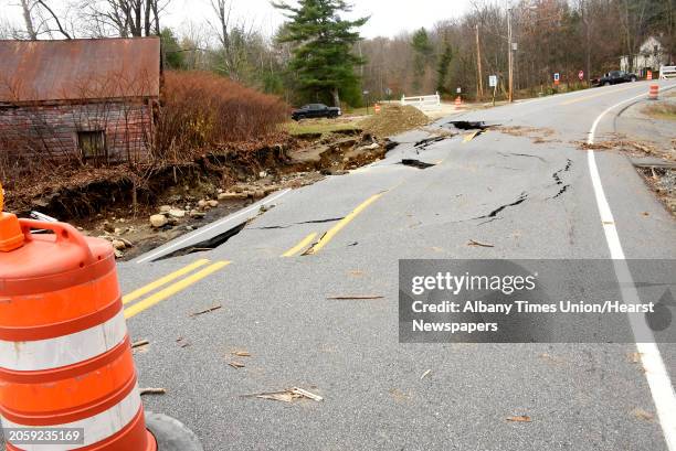 Part of Lake Desolation Road near Kilmer Rd is closed due to part of the road being washed out on Friday, Nov. 1, 2019 in Middle Grove, N.Y.