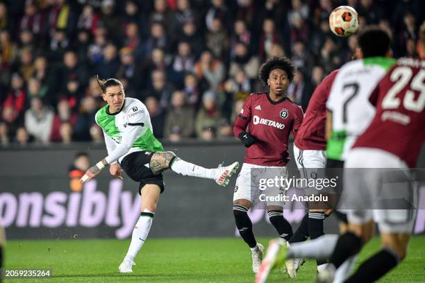 Darwin Nunez of Liverpool in action during the UEFA Europa League round of 16 second leg match between Sparta Prague and Liverpool FC at Epet Arena...