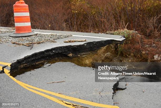 Part of Lake Desolation Road near Kilmer Rd is closed due to part of the road being washed out on Friday, Nov. 1, 2019 in Middle Grove, N.Y.