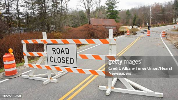 Part of Lake Desolation Road near Kilmer Rd is closed due to part of the road being washed out on Friday, Nov. 1, 2019 in Middle Grove, N.Y.