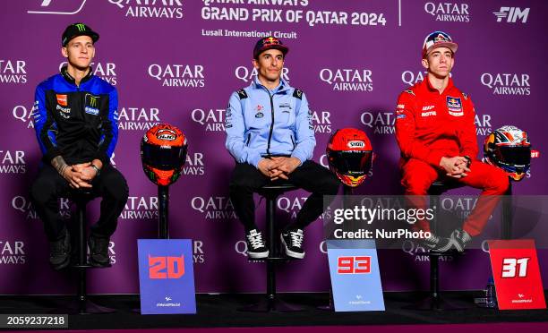 French MotoGP rider Fabio Quartararo of Monster Energy Yamaha MotoGP, Spanish MotoGP rider Marc Marquez of Gresini Racing MotoGP, and Spanish MotoGP...