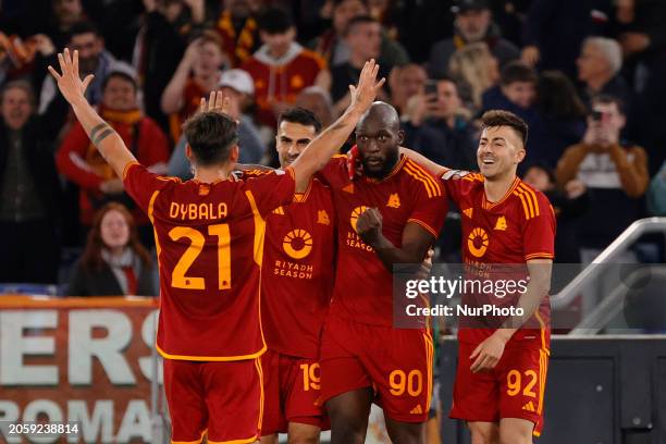 Romelu Lukaku of Roma is celebrating after scoring their second goal during the UEFA Europa League round of 16 first leg match between AS Roma and...