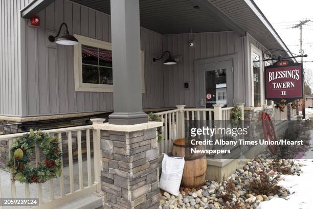 Exterior of the newly reopened Blessings Tavern on Friday, Dec. 13, 2019 in Colonie, N.Y. Destroyed in a fire. A car crashed into the restaurant...