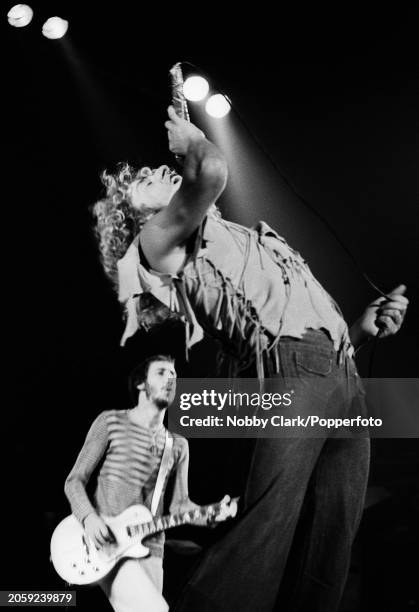 English lead singer Roger Daltrey and guitarist Pete Townshend of rock group The Who performing live on stage during The Who By Numbers tour at the...