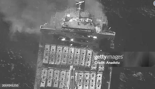 View of a cargo vessel hit with anti-ship ballistic missile launched from Houthi-controlled areas of Yemen toward M/V True Confidence, a...