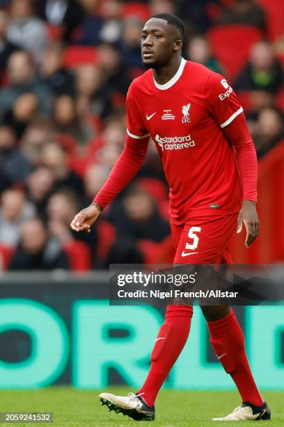 Ibrahima Konate of Liverpool on the ball during the Carabao Cup Final match between Chelsea and Liverpool at Wembley Stadium on February 25, 2024 in...