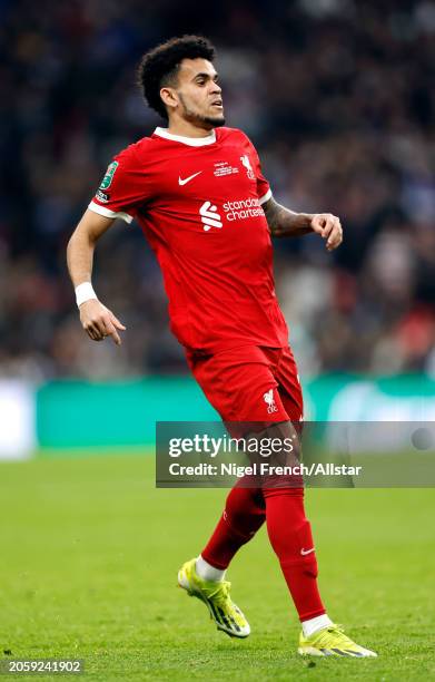 Luis Diaz of Liverpool on the ball during the Carabao Cup Final match between Chelsea and Liverpool at Wembley Stadium on February 25, 2024 in...