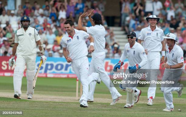 England bowler James Anderson celebrates the wicket of India batsman VVS Laxman on day four of the 2nd Test Match between England and India at Trent...