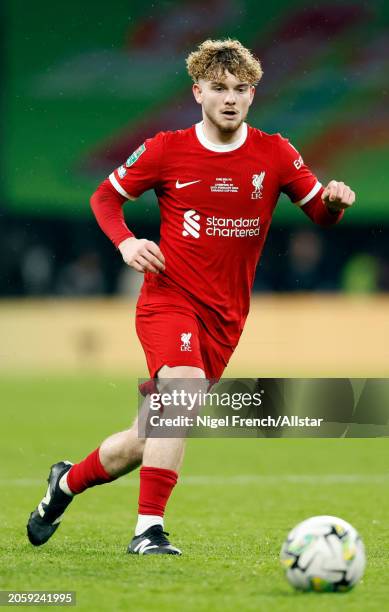 Harvey Elliott of Liverpool on the ball during the Carabao Cup Final match between Chelsea and Liverpool at Wembley Stadium on February 25, 2024 in...