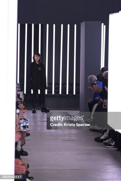 Designer Chitose Abe acknowledges the audience during the Sacai Womenswear Fall/Winter 2024-2025 show as part of Paris Fashion Week on March 04, 2024...
