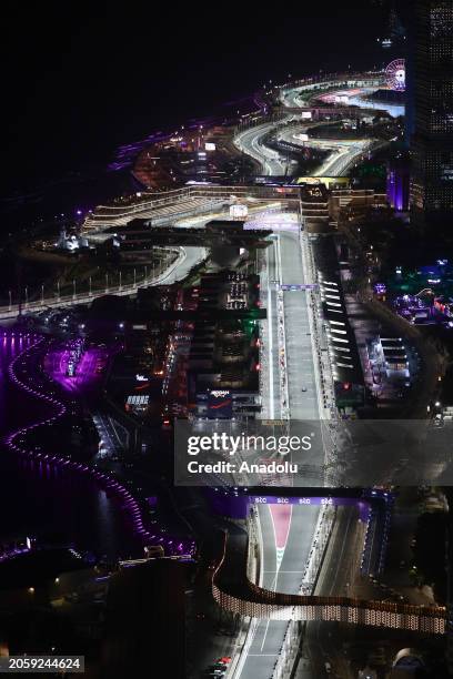 An aerial view of the circuit during second practice ahead of the Formula 1 Saudi Arabian Grand Prix in Jeddah, Saudi Arabia on March 7, 2024.