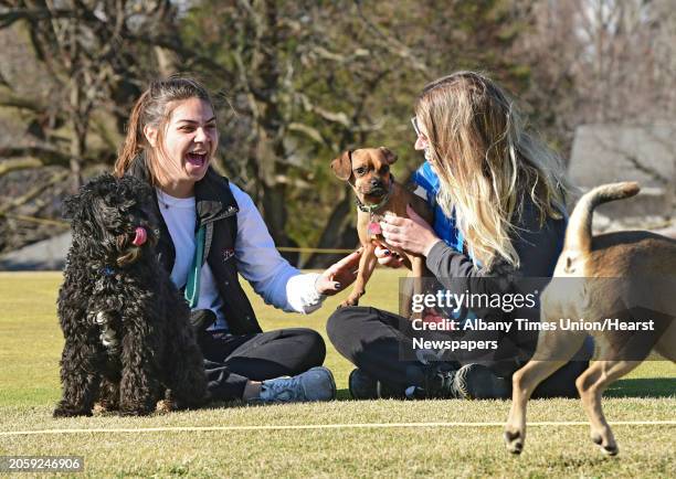 Chelsea Duncan of Voorheesville, left, sits on the putting green at Capital Hills of Albany with her dogs Harley, left, and Brutus, right, with her...