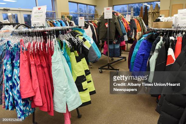 Winter jackets and ski pants are seen on display at Alpin Haus on Wednesday, Nov. 11, 2020 in Clifton Park, N.Y. There won't be a ski show in Albany...