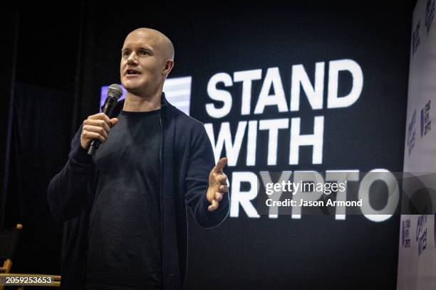 Los Angeles, CA Brian Armstrong, CEO of Coinbase, speaks at the Stand With Crypto rally, which was set up by the cryptocurrency company Coinbase, to...