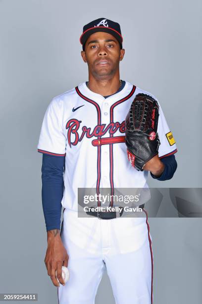 Raisel Iglesias of the Atlanta Braves poses for a photo during the Atlanta Braves Photo Day at CoolToday Park on Friday, February 23, 2024 in North...