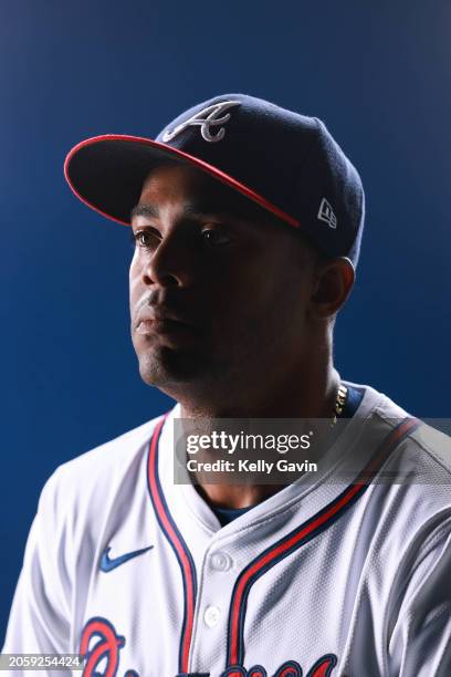 Raisel Iglesias of the Atlanta Braves poses for a photo during the Atlanta Braves Photo Day at CoolToday Park on Friday, February 23, 2024 in North...
