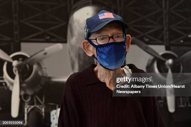 Captain Edmund Steffler celebrates his 100th birthday with friends and family at The Hangar 743 on Thursday, March 18, 2021 in Latham, N.Y. The local...