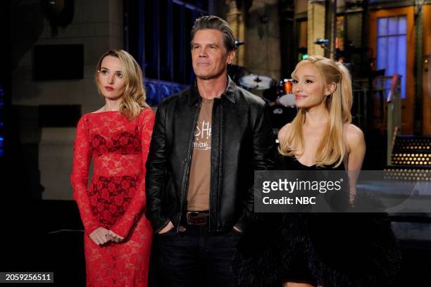 Episode 1858 -- Pictured: Chloe Fineman, host Josh Brolin and musical guest Ariana Grande during Promos in Studio 8H on Thursday, March 7, 2024 --
