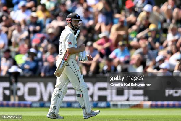 Kane Williamson of New Zealand looks dejected after being dismissed by Josh Hazlewood of Australia during day one of the Second Test in the series...