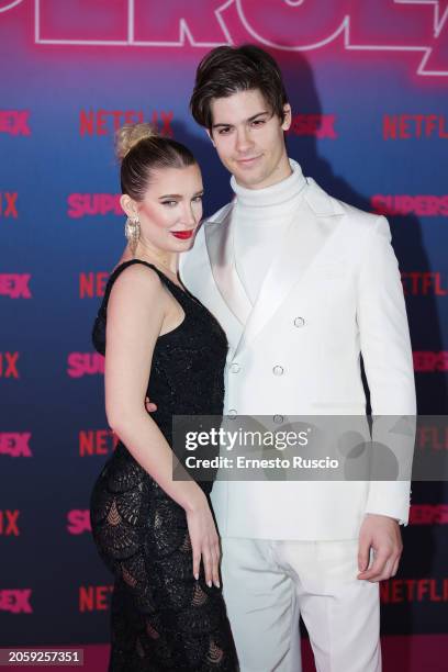 Lucrezia Lando and Lorenzo Tano attend the photocall for "Supersex" at Salone delle Fontane on March 04, 2024 in Rome, Italy.