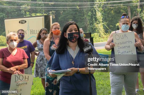 Ann Marie Fran speaks as 1199SEIU holds a press conference outside Livingston Hills Nursing and Rehab Center to encourage the New York State...