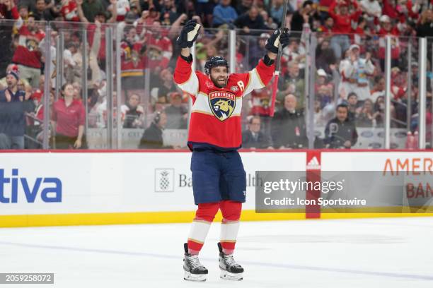 Florida Panthers defenseman Aaron Ekblad celebrates a goal in the second period during the game between the Philadelphia Flyers and the Florida...