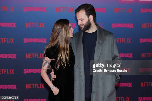 Irene Forti and Alessandro Borghi attend the photocall for "Supersex" at Salone delle Fontane on March 04, 2024 in Rome, Italy.