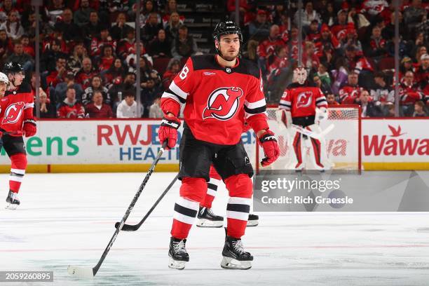 Timo Meier of the New Jersey Devils skates in the third period of the game against the St. Louis Blues at the Prudential Center on March 7, 2024 in...