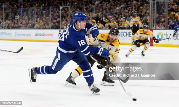 Mitchell Marner of the Toronto Maple Leafs scores a goal against the Boston Bruins during the second period at the TD Garden on March 7, 2024 in...