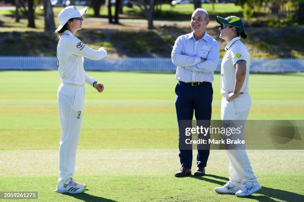 Charlie Knott captain of Australia Gold tosses the coin watched by Heather Graham captain of Australia Green and and Match referee Simon Fry during...